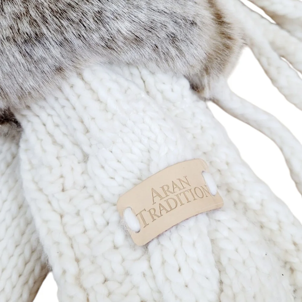 NWT ARAN TRADITIONS Irish Cable Knit Fur Trimmed Cream Ivory Winter Mittens